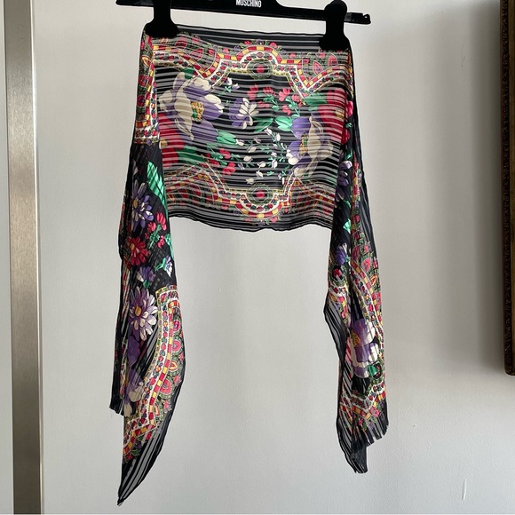 Oscar de la Renta Vintage Floral Black Striped Silk Chiffon Long Scarf - Picture 5 of 5